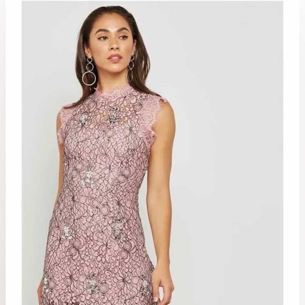 TOPSHOP Women's Bodycon Lace Mini Dress - Sheath Pink with Embellished Jewels
